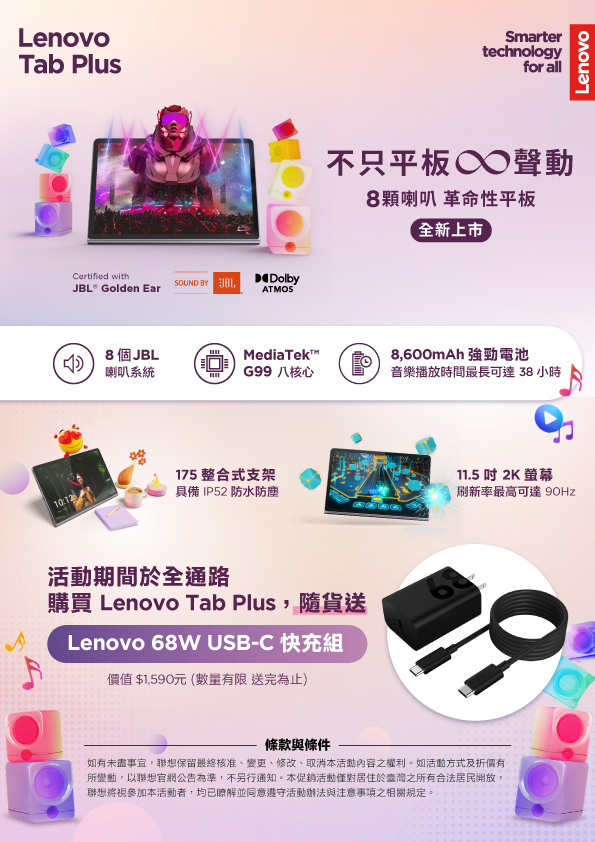 聯想 購買Lenovo Tab Plus，隨貨送Lenovo 68W USB-C 快充組